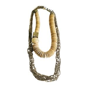 Vintage Wood Bead Shell African Style Necklace And Chunky Weaved Metal